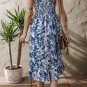 Blue Floral Ruffle Strap Square Neck Smocked Bodice Midi Dress