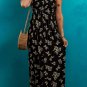 Black Floral Spaghetti Strap Shirred Bodice Tied Empire Waist Maxi Dress