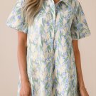 Green Floral Print Shirtcollar Buttoned Short Sleeve Shift Dress