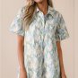 Green Floral Print Shirtcollar Buttoned Short Sleeve Shift Dress