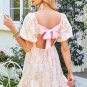 Pink Floral Puff Sleeve Square Neck Knotted Open Back Ruffled Mini Dress