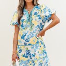 Blue Floral Striped Trim Puff Short Sleeve Dress