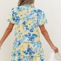 Blue Floral Striped Trim Puff Short Sleeve Dress
