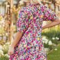 Pink Floral Puff Short Sleeve V Neck Mini Dress