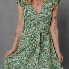 Green Flower Print Flutter Sleeve V Neck Sashed Ruffled Mini Dress