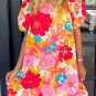 Pink Floral Print Bubble Short Sleeve Dress