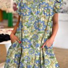 Spinach Green Botanical Floral Print Pleated Ruffle Detail Short Dress