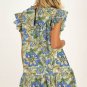 Spinach Green Botanical Floral Print Pleated Ruffle Detail Short Dress