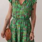 Green Floral Tie Split Neck Frilly Ruffle Trim Tiered Short Dress