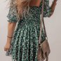 Green Smocked Square Neck Puff Short Sleeve Floral Dress