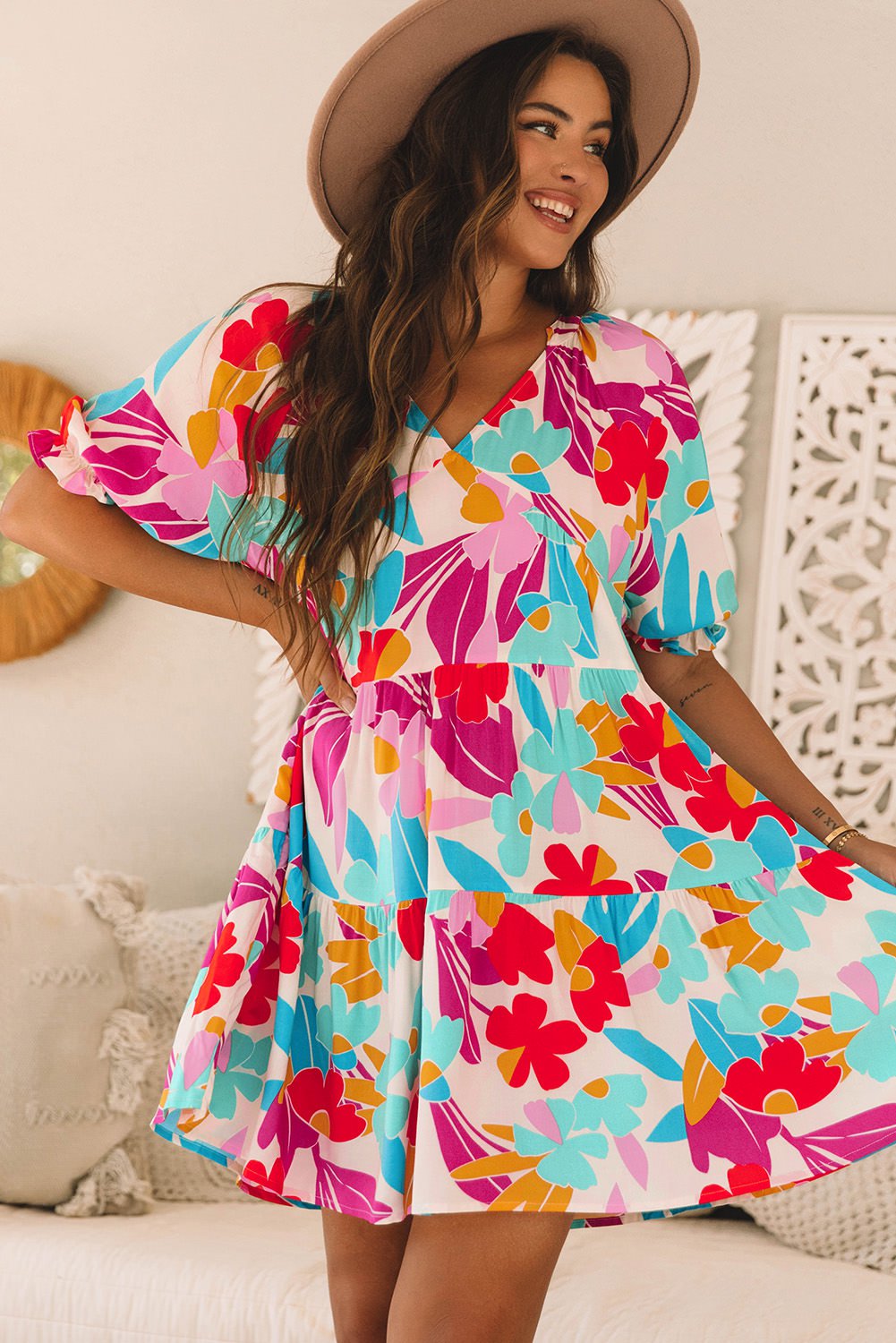Rose Red Floral Bubble Sleeve V Neck Tiered Ruffle Babydoll Dress