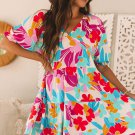 Rose Red Floral Bubble Sleeve V Neck Tiered Ruffle Babydoll Dress