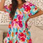 Rose Red Floral Bubble Sleeve V Neck Tiered Ruffle Babydoll Dress