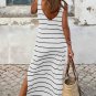 White Stripe Print Open Back Sleeveless Maxi Dress with Slits