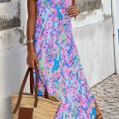 Purple Abstract Floral Print Sleeveless Maxi Dress