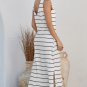 White Stripe Print Open Back Sleeveless Maxi Dress with Slits