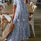Sky Blue V Neck Casual Geometric Print Maxi Dress