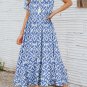 Sky Blue V Neck Casual Geometric Print Maxi Dress