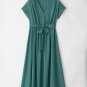 Blackish Green Solid Color V Neck Wrap Pleated Short Sleeve Maxi Dress