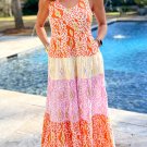 Orange Knotted Straps Leopard Colorblock Dress