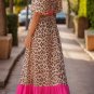 Bright Pink Leopard Colorblock Patchwork Bubble Sleeve Maxi Dress