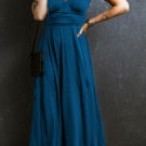 Peacock Blue Short Sleeve Shirred High Waist V Neck Maxi Dress