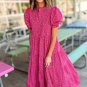 Rose Red Flower Mock Neck Puff Sleeve Tiered Maxi Dress