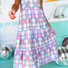Sky Blue Floral Print Frilly Neck Sleeveless Tiered Maxi Dress