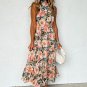 Black Boho Floral Print Knotted Halter Ruffled Maxi Dress