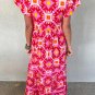 Strawberry Pink Geo Print V Neck Maxi Dress