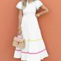 White Colorblock Rickrack Trim Short Sleeve Drawstring Waist Long Dress