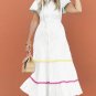 White Colorblock Rickrack Trim Short Sleeve Drawstring Waist Long Dress