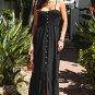 Black Spaghetti Straps Smocked Front Slit Buttoned Dress