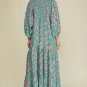 Green Abstract Print Puff Sleeve Tied Notched Neck Long Dress