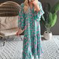 Green Abstract Print Puff Sleeve Tied Notched Neck Long Dress