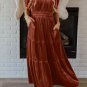 Chestnut Velvet Short Sleeve Shirred Waist Tiered Maxi Dress