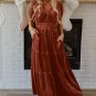 Chestnut Velvet Short Sleeve Shirred Waist Tiered Maxi Dress