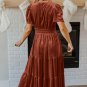 Chestnut Velvet Short Sleeve Shirred Waist Tiered Maxi Dress