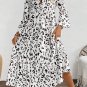 White Leopard Print Notch V Neck Loose Fit Maxi Dress