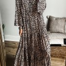 Apricot Leopard Print Tiered Wide Sleeve Maxi Dress