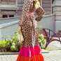 Brown Leopard Color Block V Neck Loose Fit Maxi Dress