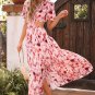 Pink Abstract Printed Flutter Sleeve Daring Cutout Long Dress