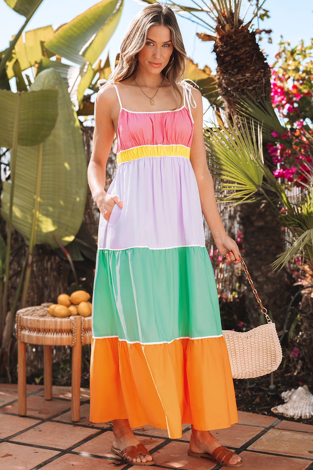 Multicolour Self-tie Straps High Waist Flowy Maxi Dress with Pockets