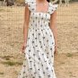Black Bow Print Smocked Square Neck Ruffle Tiered Maxi Dress