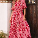 Red Paisley Print Side Slit Puff Sleeve High Waist Maxi Dress
