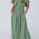 Grass Green Textured V Neck Flutter Sleeve Ruffled Maxi Dress
