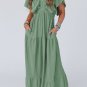 Grass Green Textured V Neck Flutter Sleeve Ruffled Maxi Dress