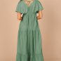 Grass Green Textured V Neck Flutter Sleeve Ruffled Maxi Dress
