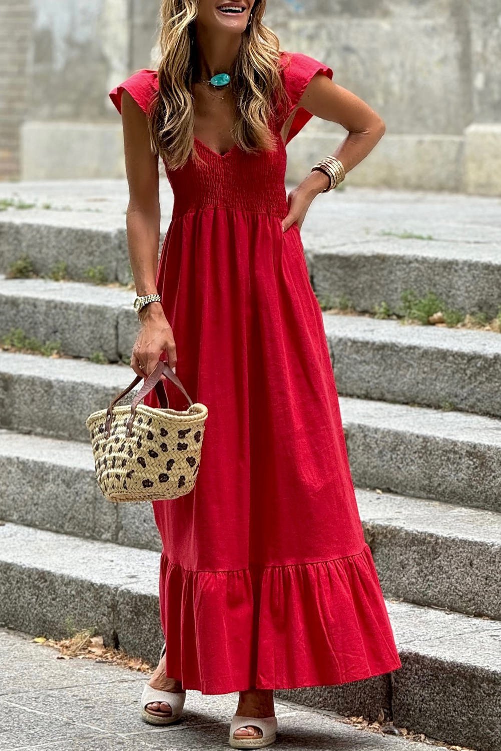 Red V Neck Flutter Sleeve Smocked Bodice High Waist Ruffle Maxi Dress