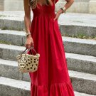 Red V Neck Flutter Sleeve Smocked Bodice High Waist Ruffle Maxi Dress